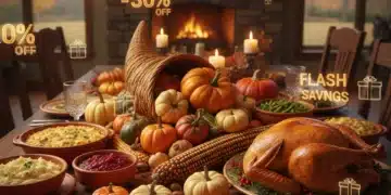 Thanksgiving feast with shopping bags and discount tags, symbolizing pre-Black Friday sales.