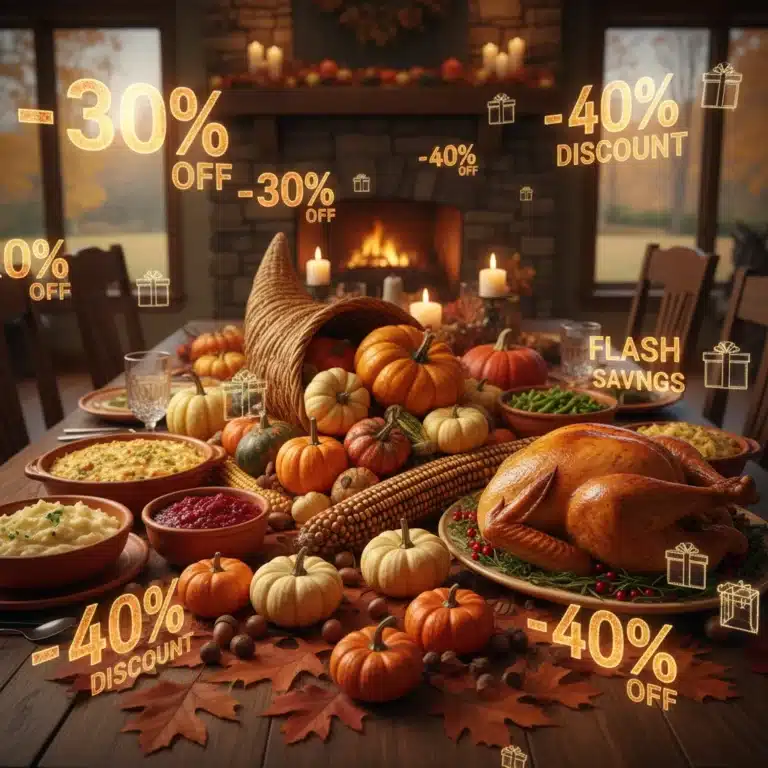 Thanksgiving feast with shopping bags and discount tags, symbolizing pre-Black Friday sales.