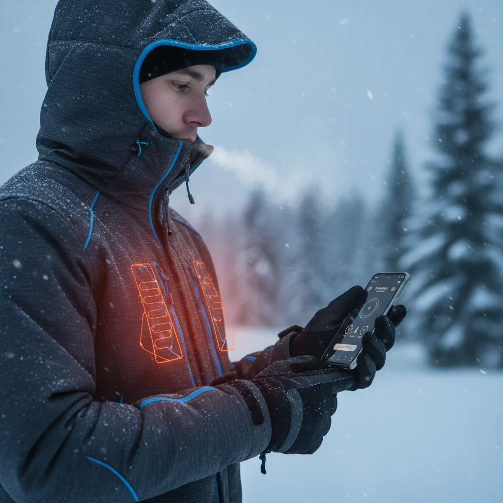 Person wearing Therma-Core Smart Jacket in snow, controlling warmth with smartphone app.