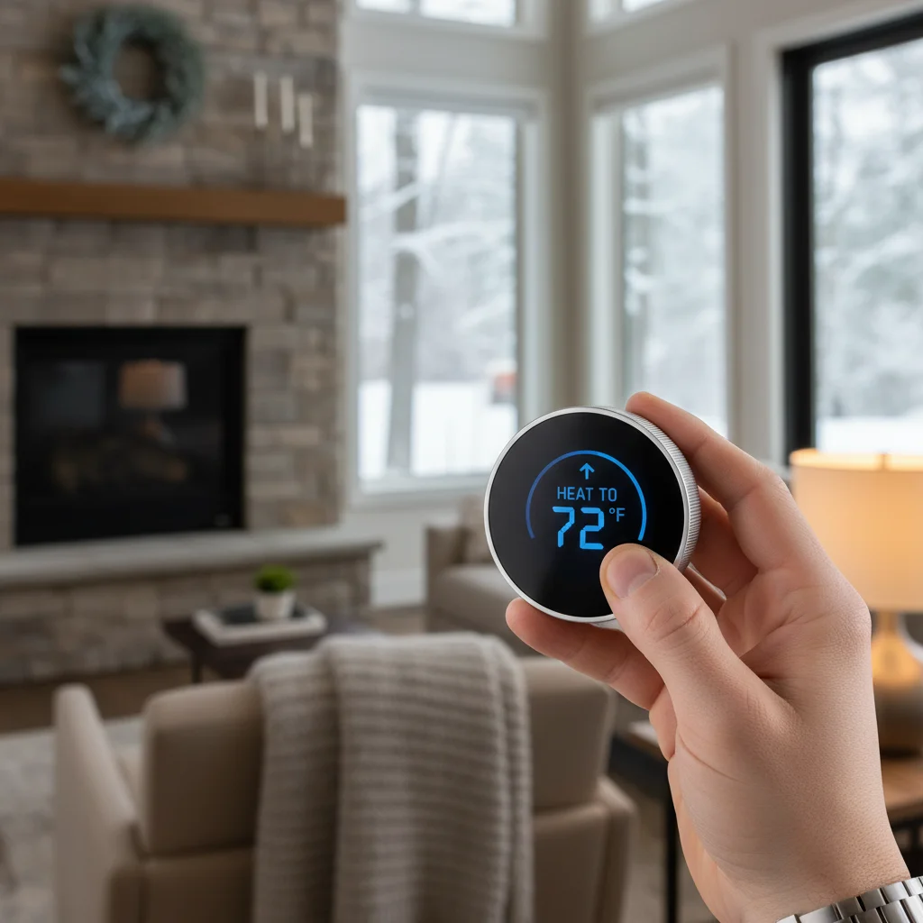 Adjusting a smart thermostat for optimal winter heating efficiency.