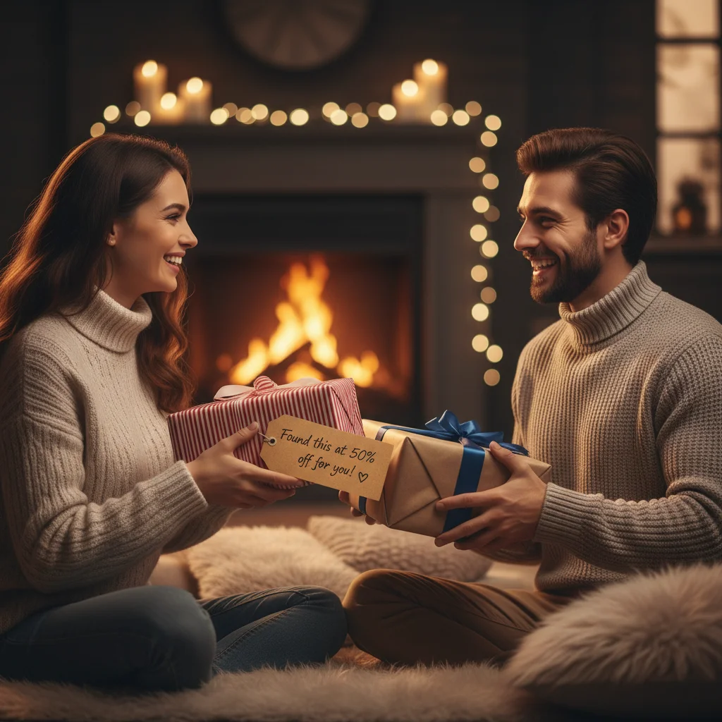 Happy couple exchanging thoughtful Valentine's Day gifts, emphasizing the joy of a well-chosen present.