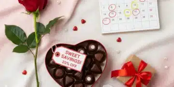 Romantic Valentine's Day gifts with a calendar showing early February, symbolizing discount shopping.