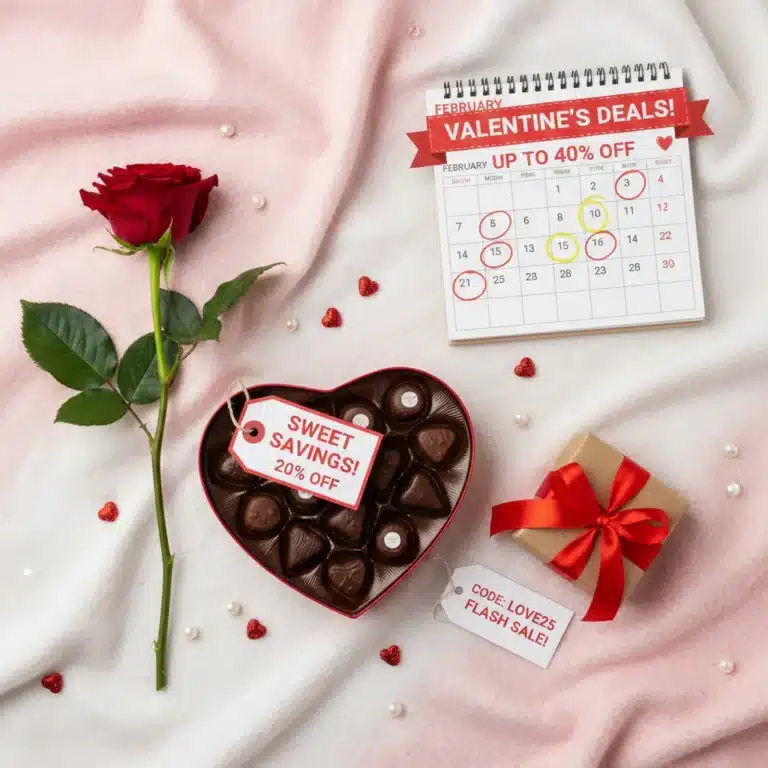 Romantic Valentine's Day gifts with a calendar showing early February, symbolizing discount shopping.