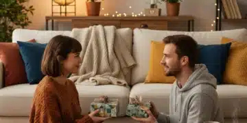 Couple exchanging unique Valentine's Day gifts under $75 in 2026, featuring thoughtful and modern presents.