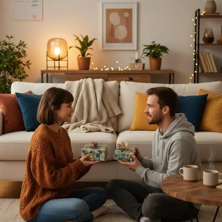 Couple exchanging unique Valentine's Day gifts under $75 in 2026, featuring thoughtful and modern presents.