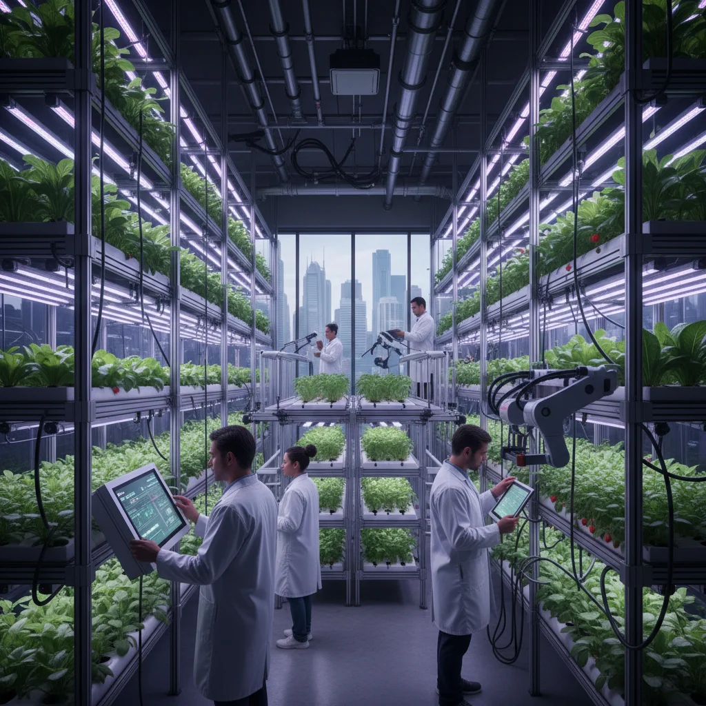 Vertical farming system with LED lights and healthy plants