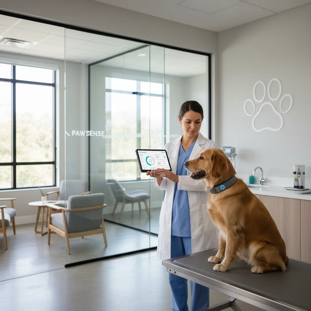 Veterinarian analyzing dog's health data from a smart collar on a tablet, showcasing preventative pet care.