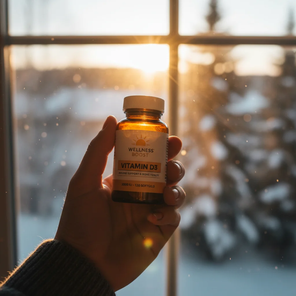 Hand holding Vitamin D3 supplement bottle in sunlight