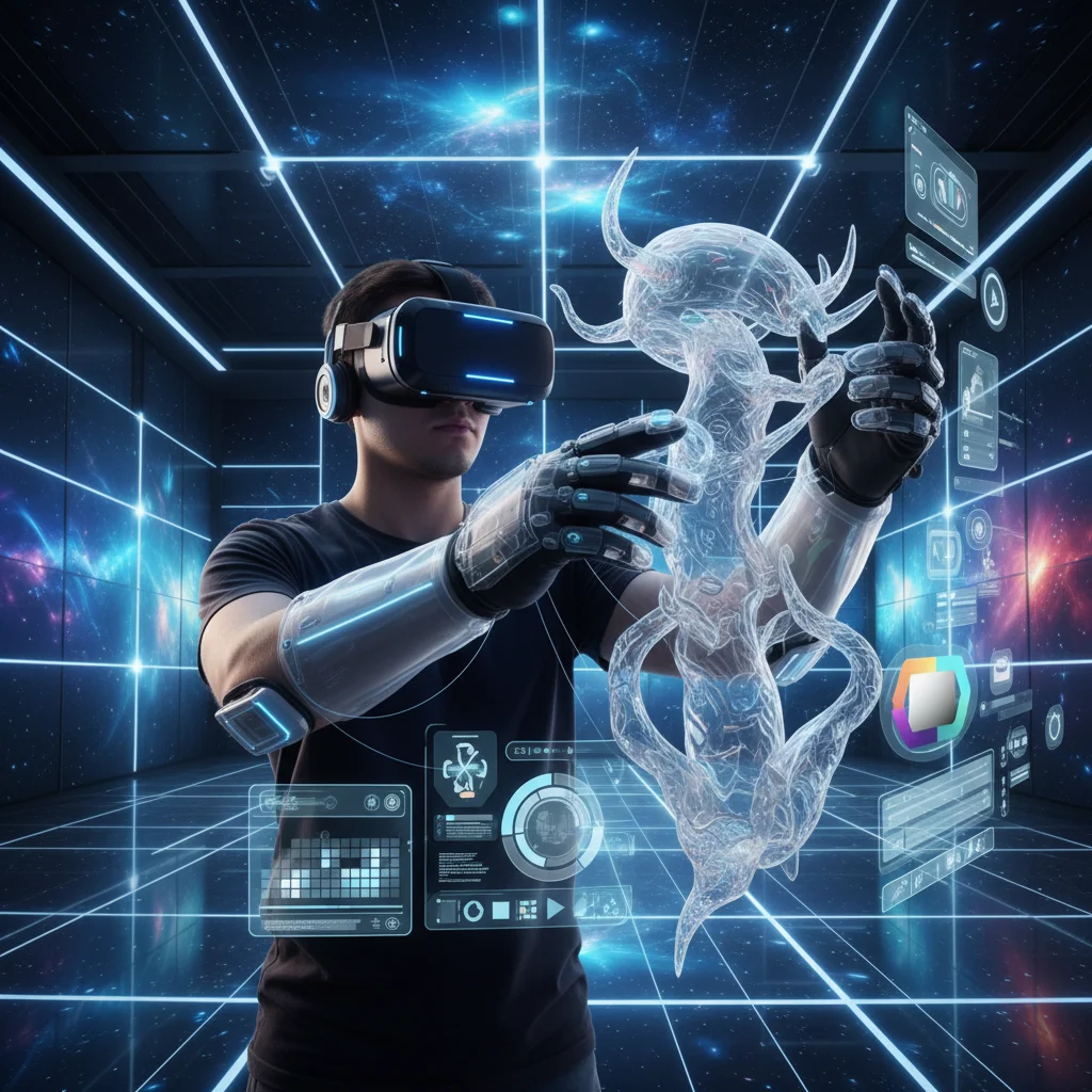Individual creating 3D digital art in virtual reality with haptic gloves.