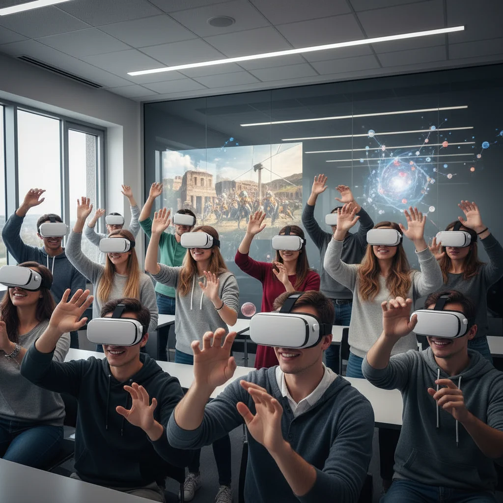 Students in a modern classroom using VR headsets for an immersive educational experience.