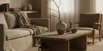 Wabi-Sabi living room with natural materials and muted tones