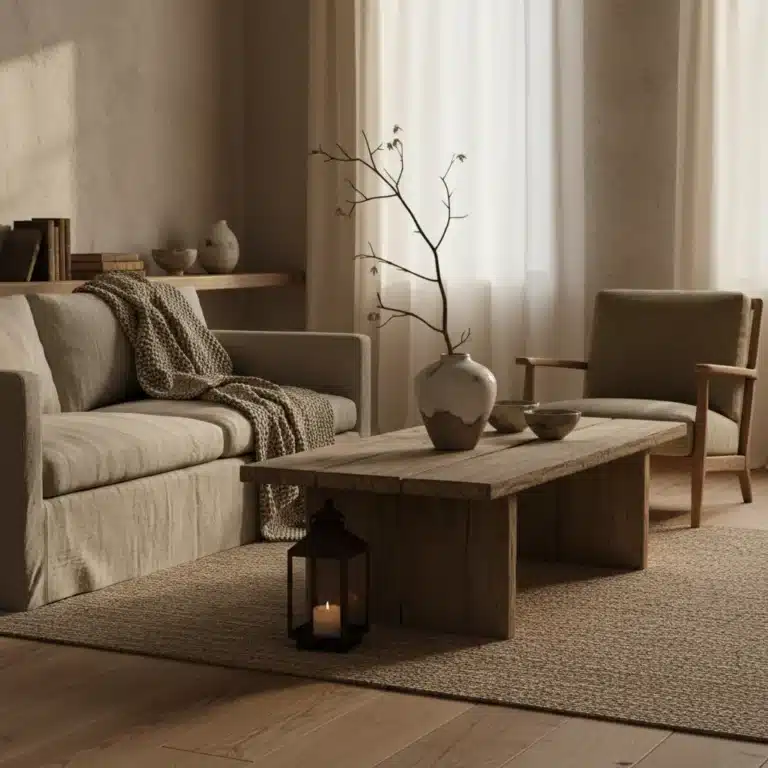 Wabi-Sabi living room with natural materials and muted tones