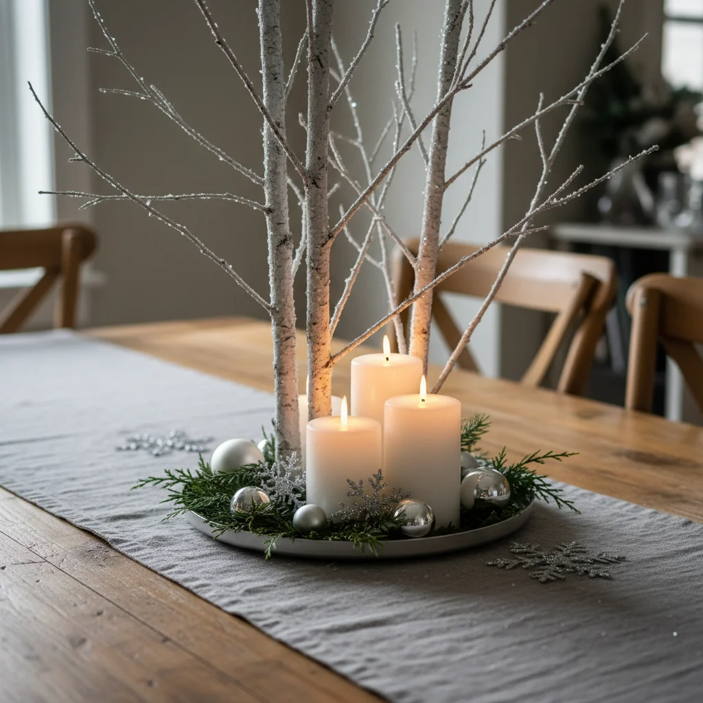 DIY winter centerpiece with frosted branches and candles