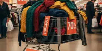 Shopping cart filled with discounted winter clothing and sale signs