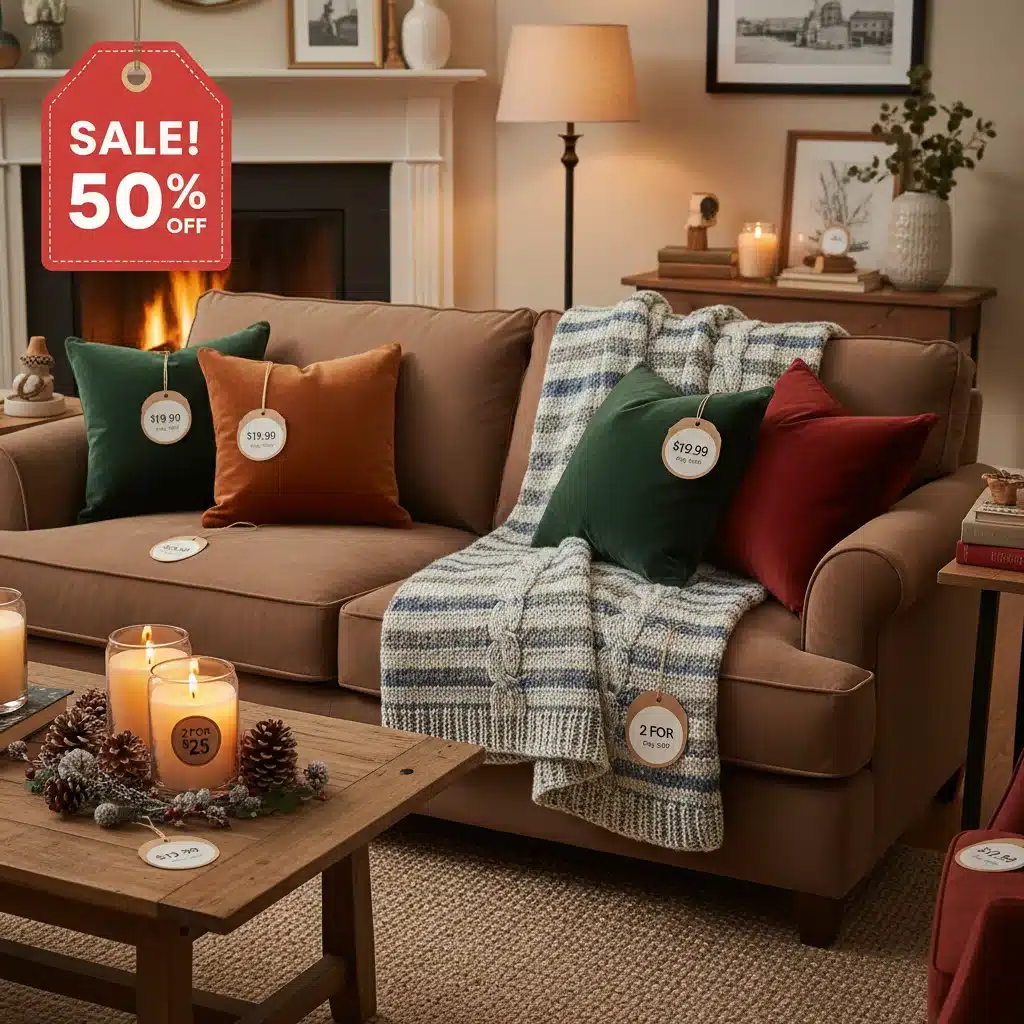 Cozy living room with discounted winter home decor items