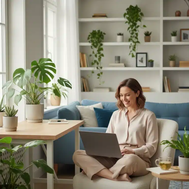 Woman working remotely, achieving work-life blend in a modern home office