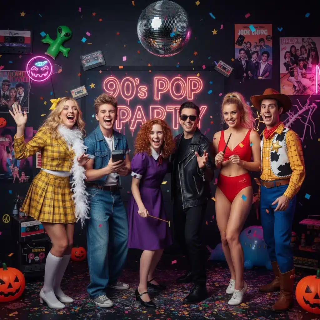 Friends in 90s pop culture Halloween costumes at a retro party