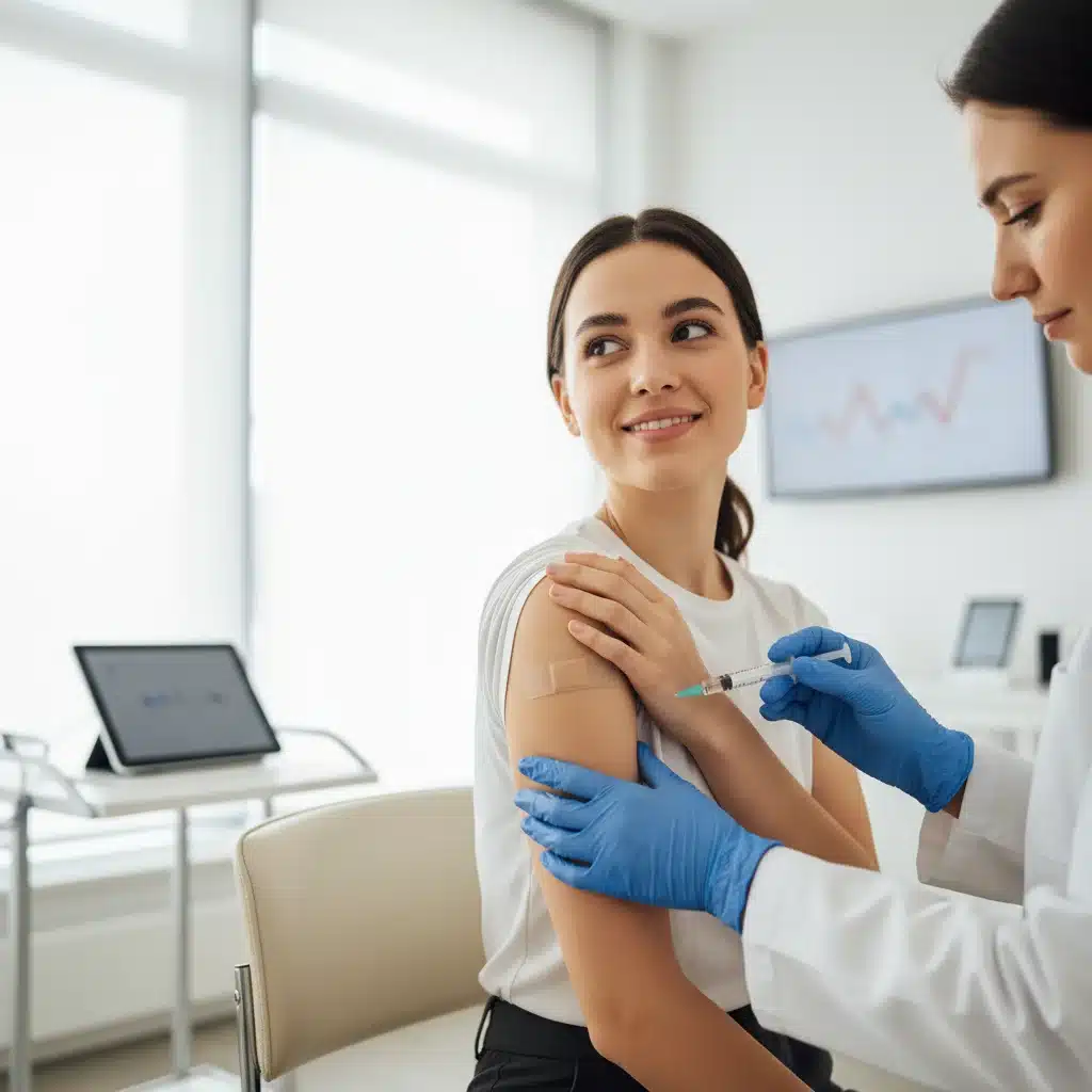 Patient receiving an allergy shot or biologic injection from a medical professional.