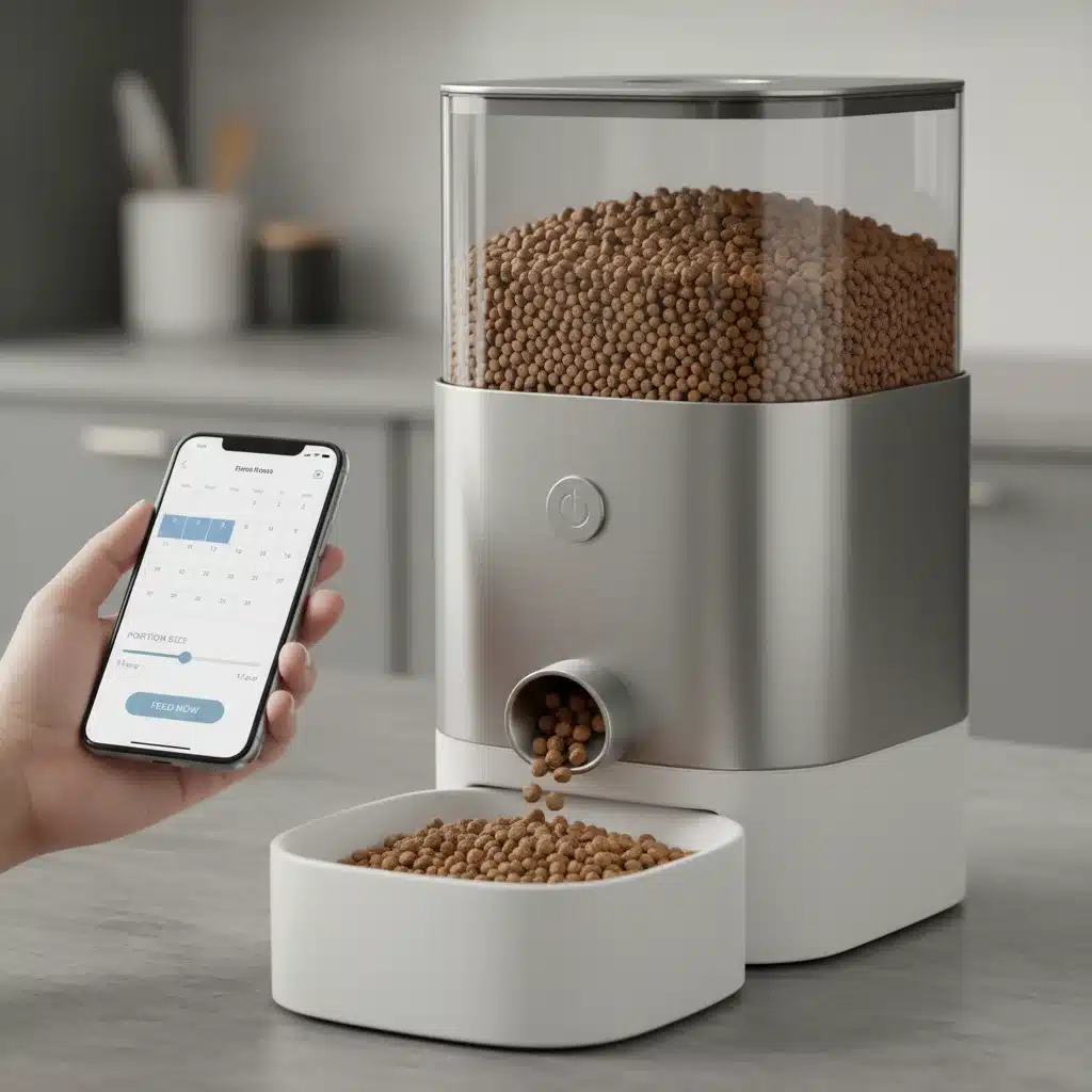 Modern automated pet feeder intelligently dispensing food, controlled via a smartphone app.