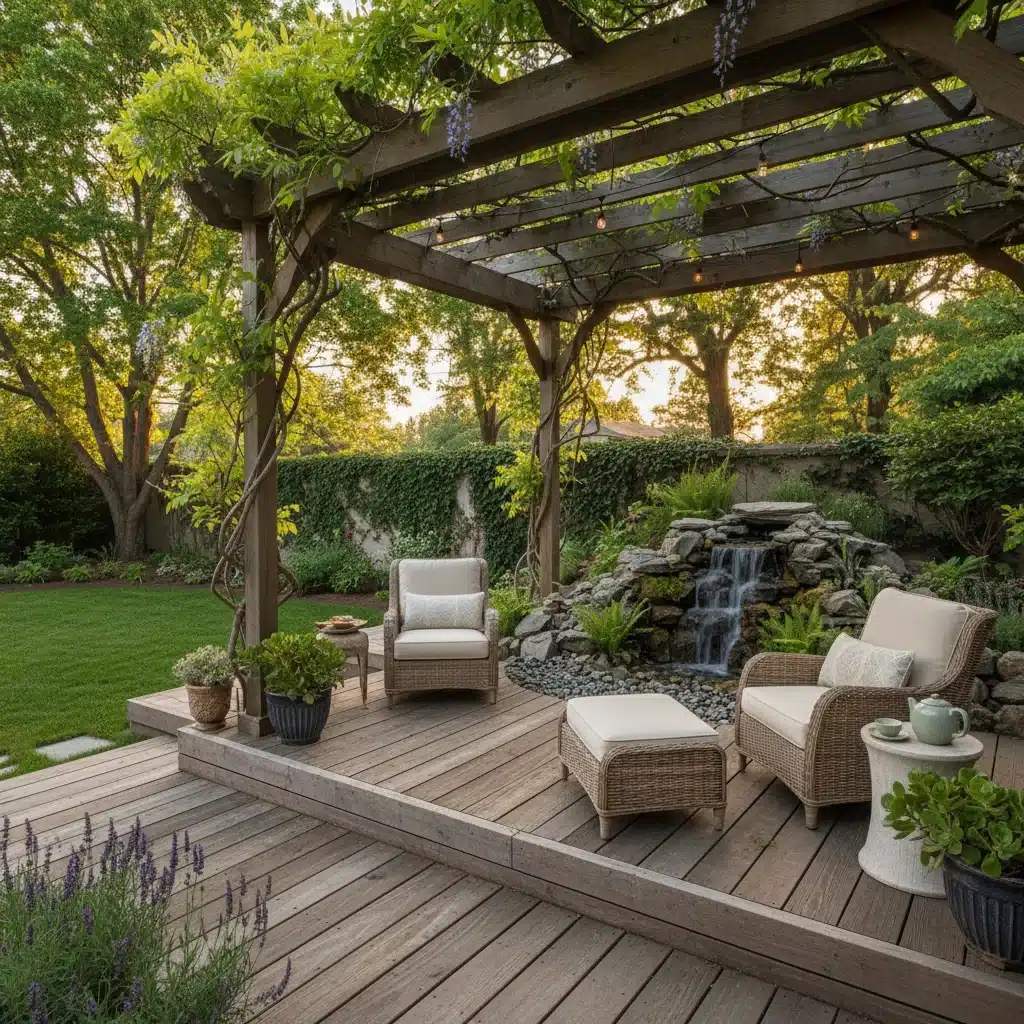 Serene backyard oasis with multi-level deck and pergola