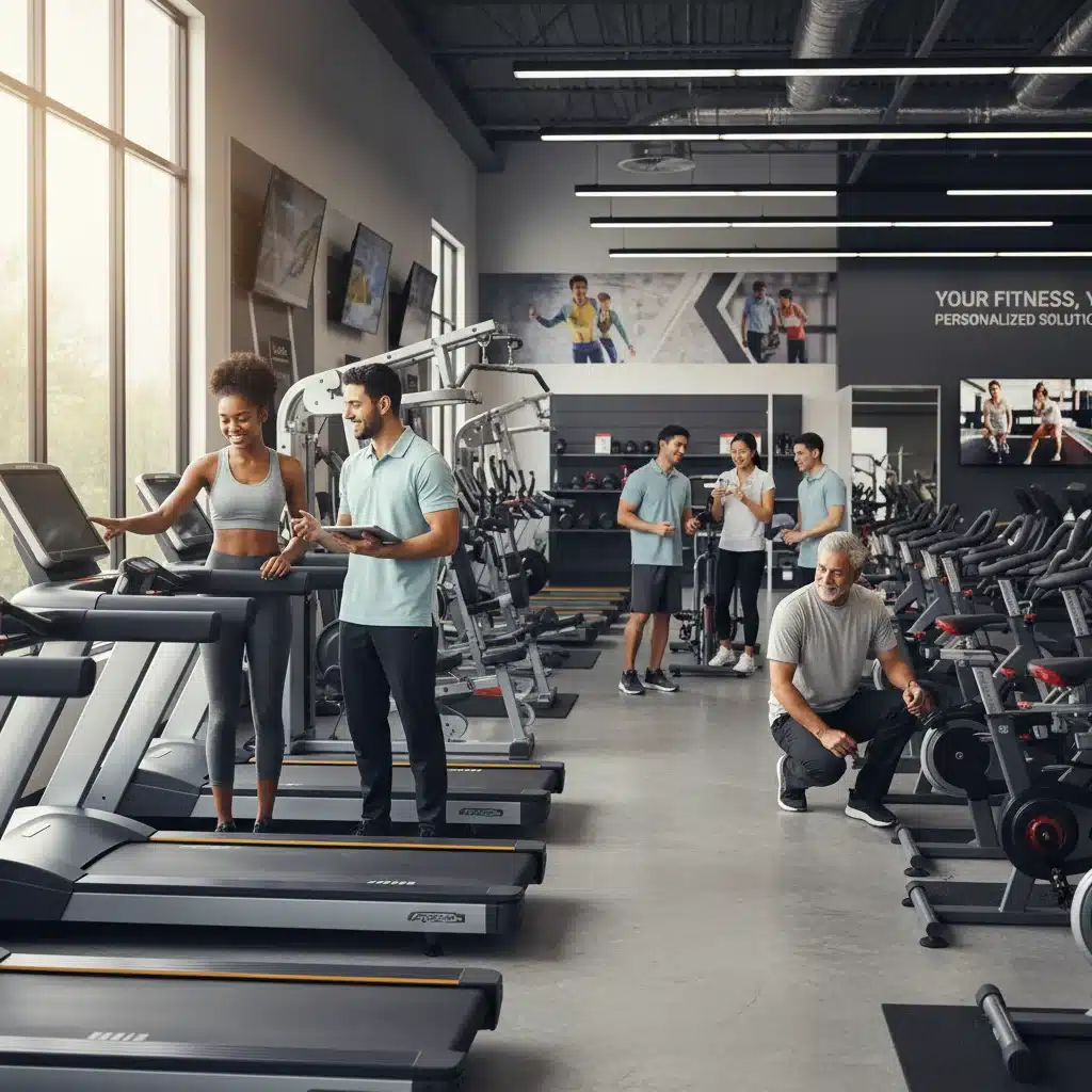 Customers receiving personalized advice from a sales associate in a fitness equipment store