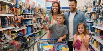 Family happily shopping for back-to-school supplies with a focus on savings