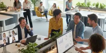 Diverse professionals engaging in collaborative hybrid work environment, symbolizing modern work-life balance