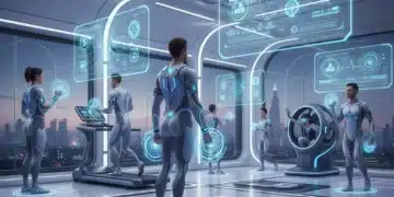 Futuristic gym with people using advanced fitness wearable tech