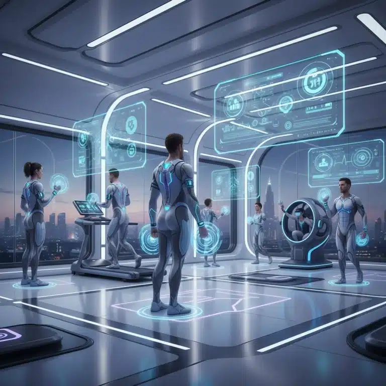 Futuristic gym with people using advanced fitness wearable tech