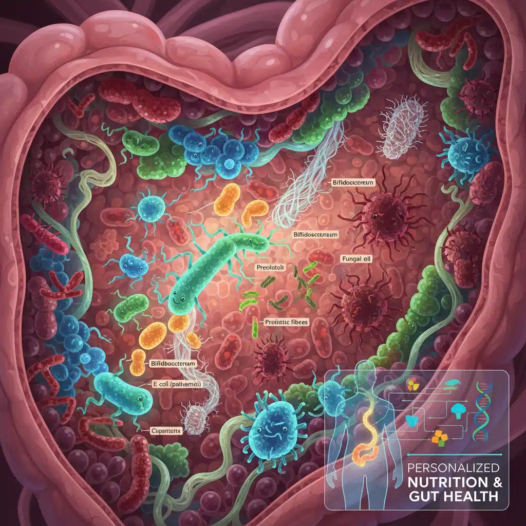 Diverse human gut microbiome illustration showing beneficial bacteria