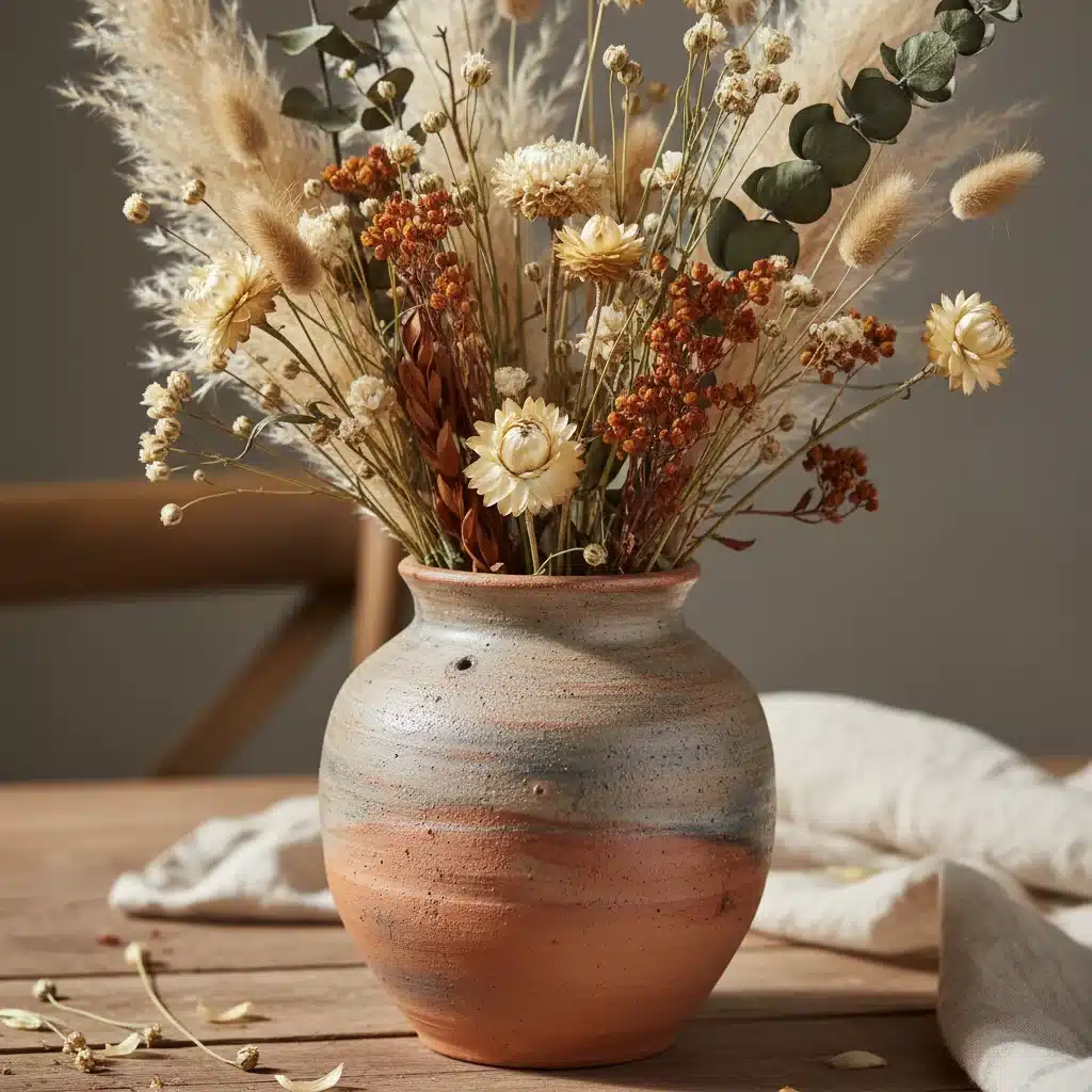 Handcrafted ceramic vase with dried flowers, representing artisanal sustainable decor.