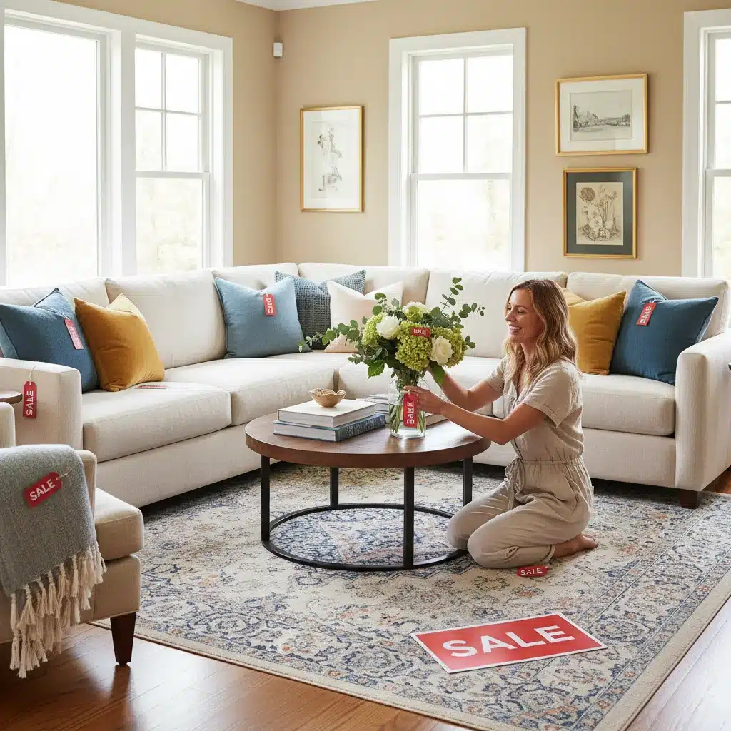 Woman decorating a living room with new home decor items from a Labor Day sale.