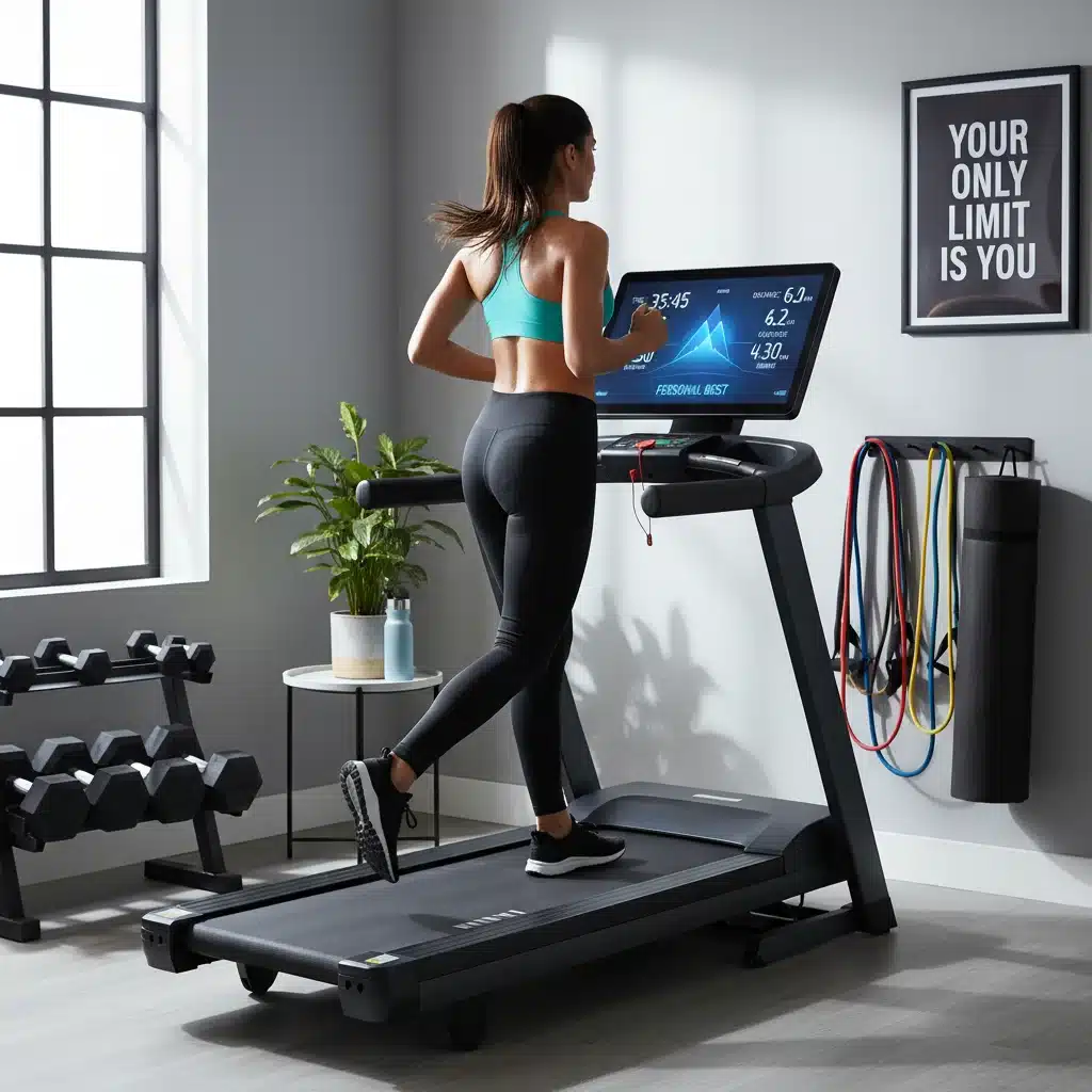 Individual engaging in a home workout with a modern treadmill and fitness gear
