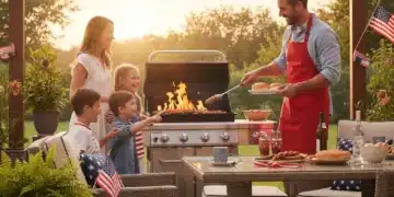 Family enjoying Independence Day barbecue with new grill and patio furniture