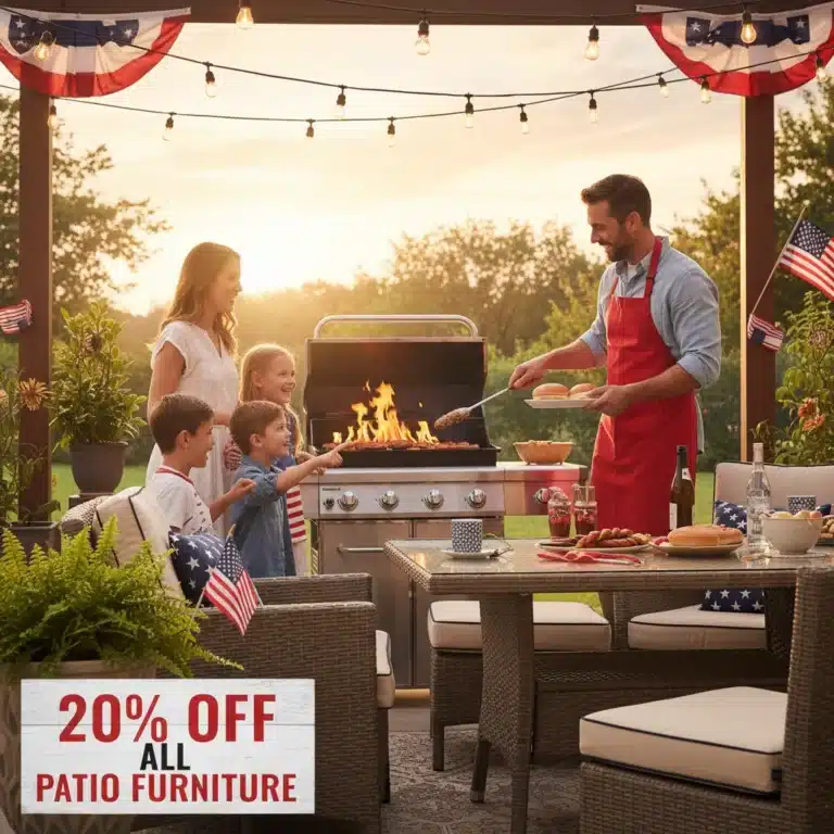 Family enjoying Independence Day barbecue with new grill and patio furniture