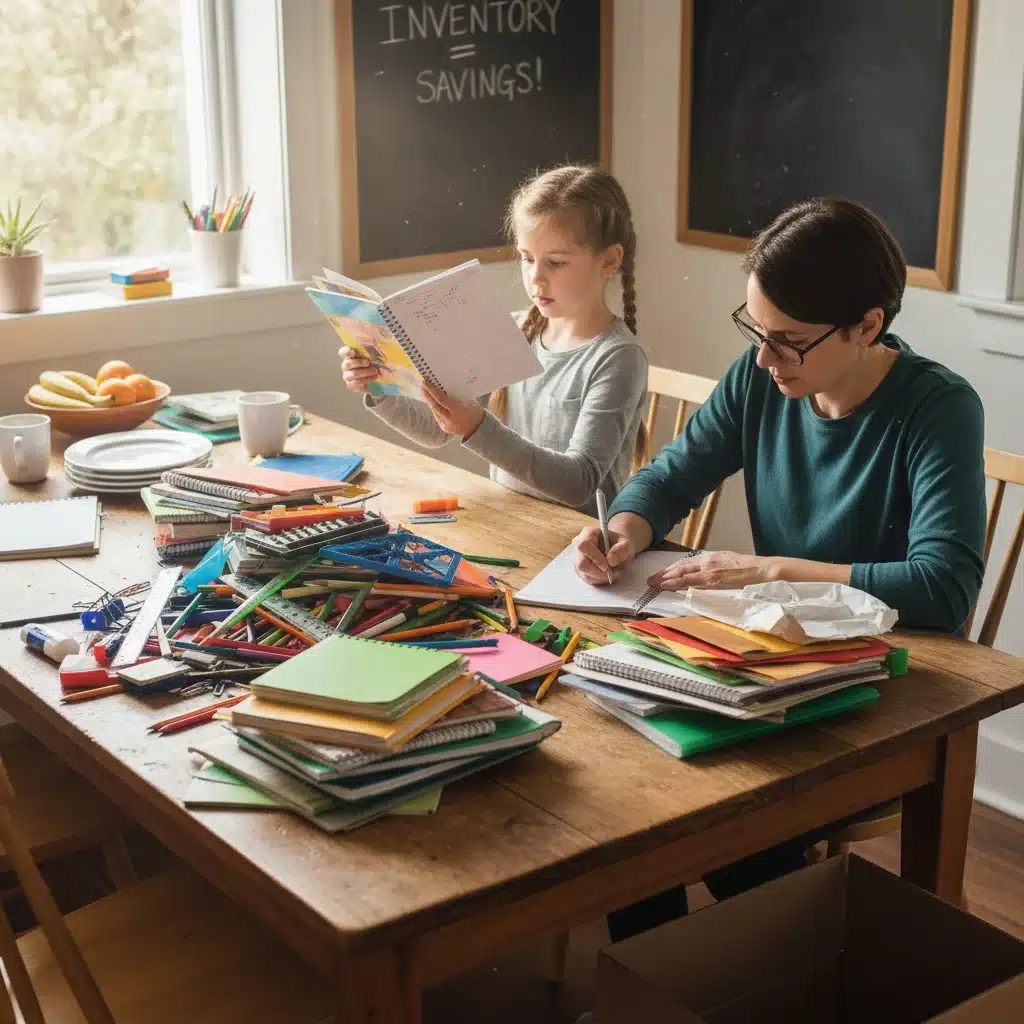 Parent and child inventorying existing school supplies at home