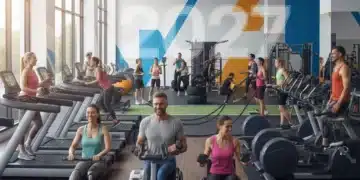 People exercising with diverse fitness equipment in a modern gym for January 2027 sales