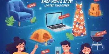 Labor Day 2026 clearance sale banner with 45% off, featuring diverse products and happy shoppers.