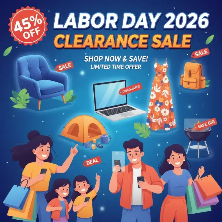 Labor Day 2026 clearance sale banner with 45% off, featuring diverse products and happy shoppers.