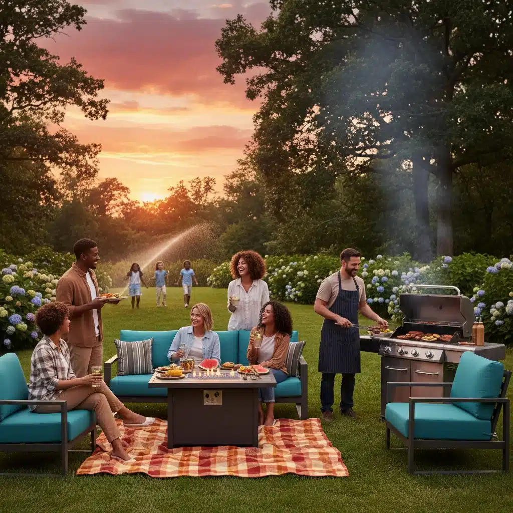 Friends enjoying a Labor Day backyard barbecue with new outdoor furniture and grill.