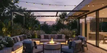Luxurious outdoor living space with fire pit and modern furniture
