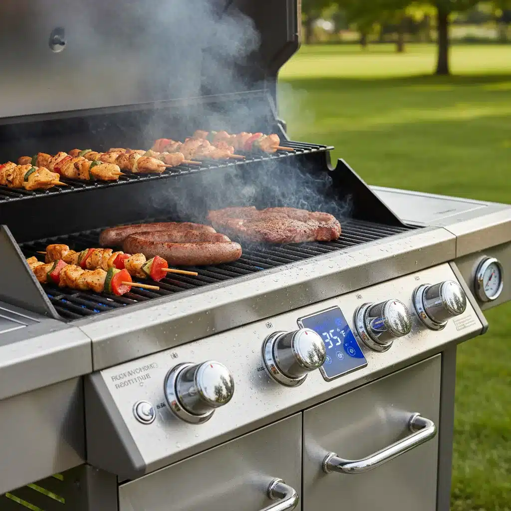 Modern stainless steel gas grill with food cooking