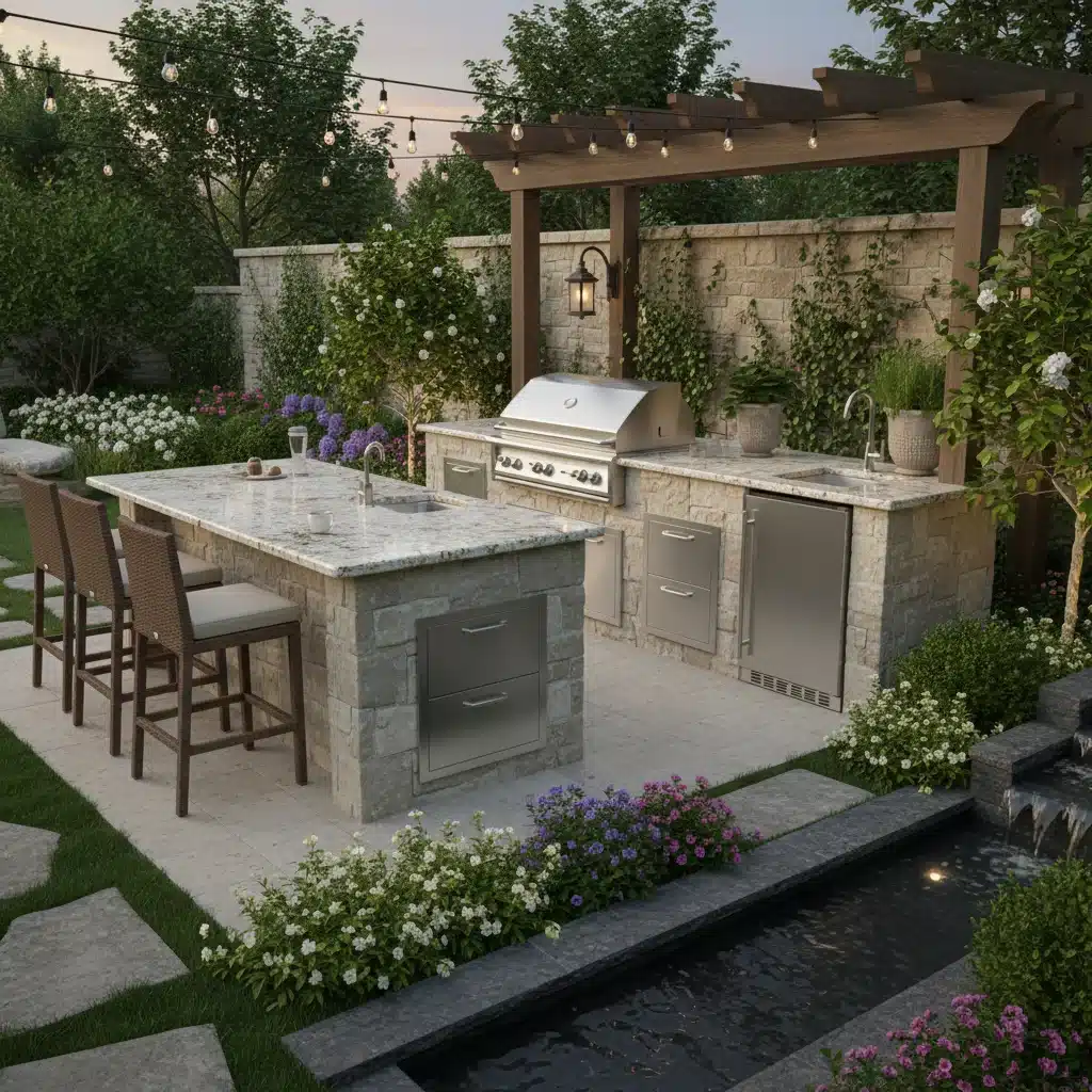 Modern outdoor kitchen with built-in grill and bar seating