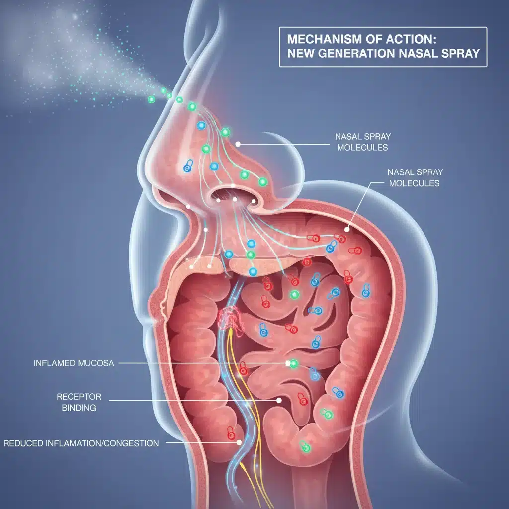 Illustration depicting the scientific mechanism of action for a new nasal spray in the human nasal passage.
