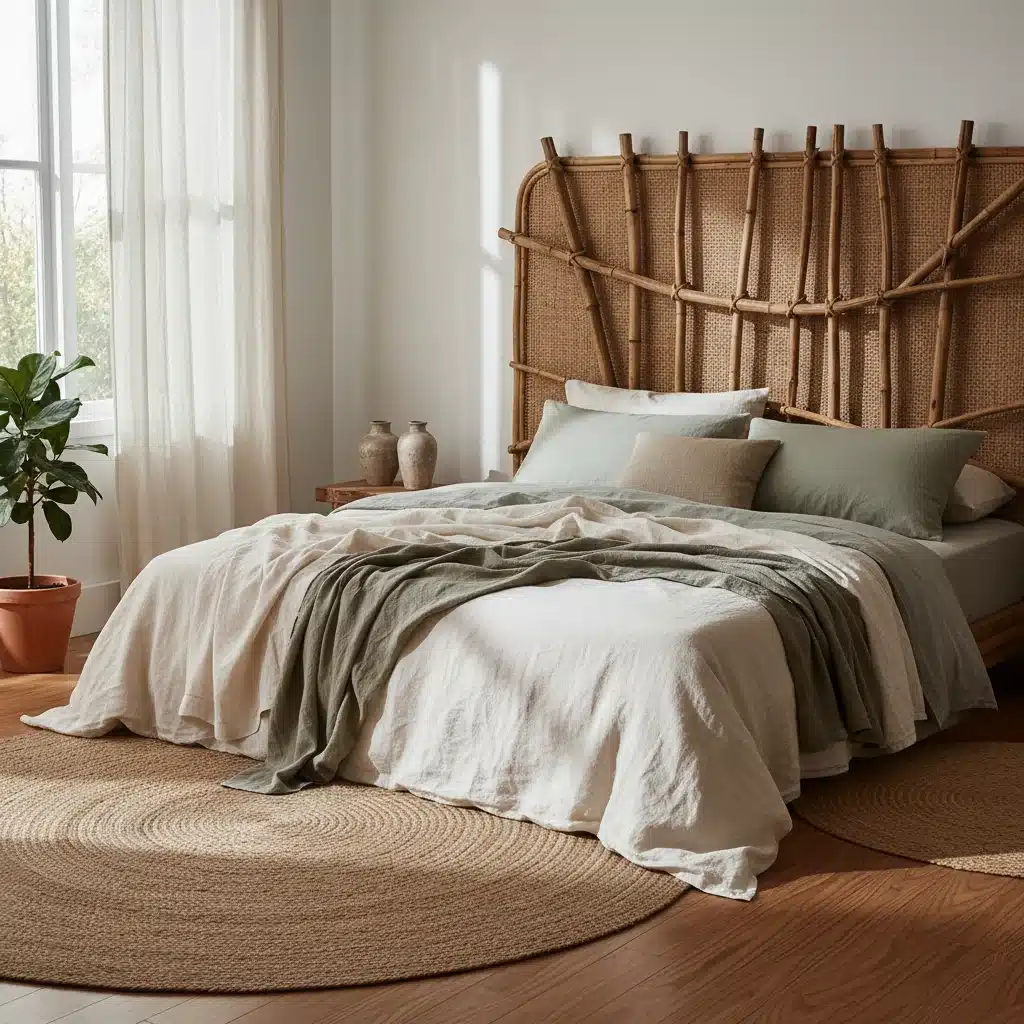Bedroom with rattan headboard, organic cotton bedding, and jute rug, showcasing natural materials.