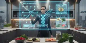 Personalized nutrition plan displayed holographically in a modern kitchen