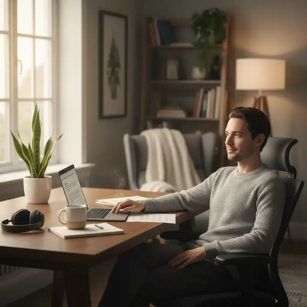 Individual working remotely from a comfortable and well-lit home office setup