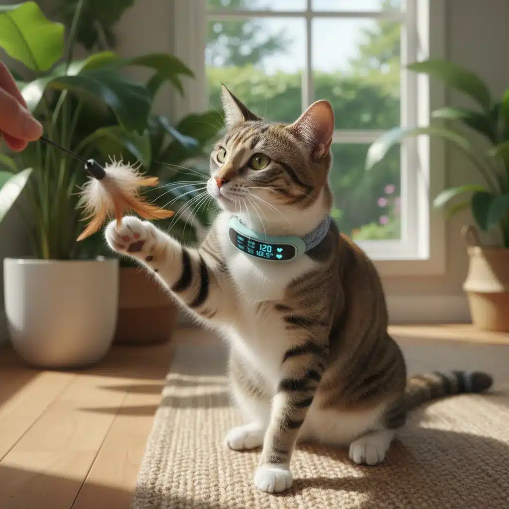 A cat wearing a sleek smart collar monitoring its health and activity levels in a home environment.