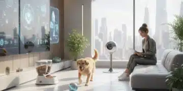 A golden retriever happily interacting with an array of smart pet products in a modern, tech-integrated home.