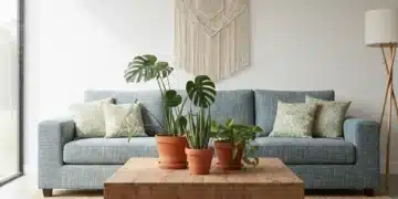 Modern living room with eco-friendly furniture and abundant natural light, showcasing sustainable home decor.